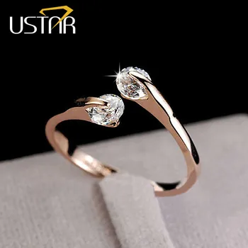 USTAR CZ Diamond Wedding Rings for women open Rose gold plated Crystal rings female anel bijoux gifts top quality