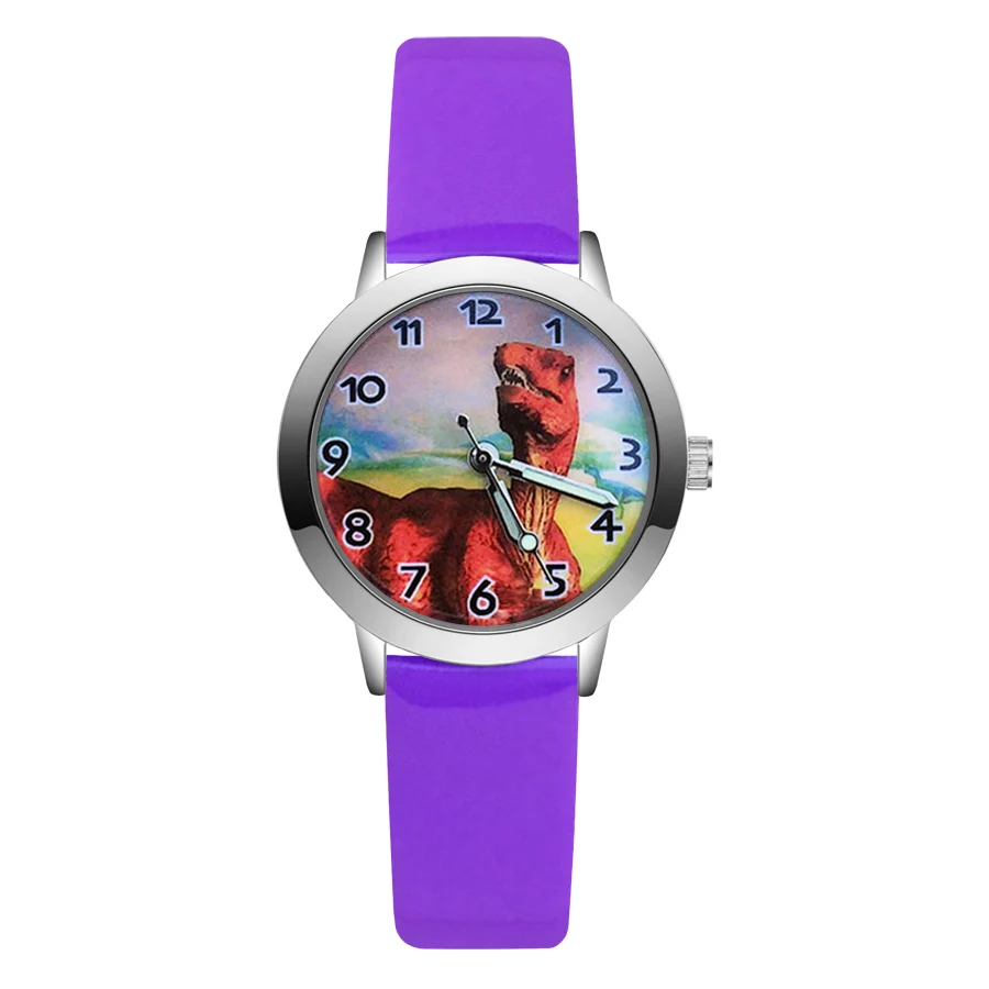 Модная стильная футболка с изображением персонажей видеоигр в стиле динозавра; детские часы для детей школьного возраста, для мальчиков и девочек кварцевые часы с кожаным ремешком наручные часы JA46 - Цвет: Purple
