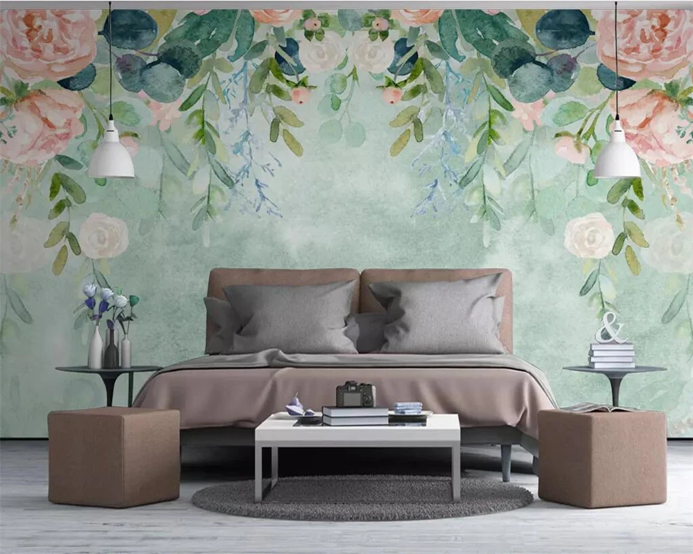 

Beibehang Custom wallpaper Nordic small fresh hand-painted watercolor cartoon flowers pastoral mural TV background 3d wallpaper