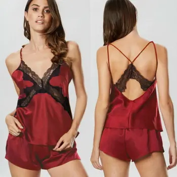 

Women Lace Sexy Lingerie Set Silk Satin Pajamas Set Red V-Neck Backless Polyester Sleepwear Shorts Babydoll Nightwear Lingerie