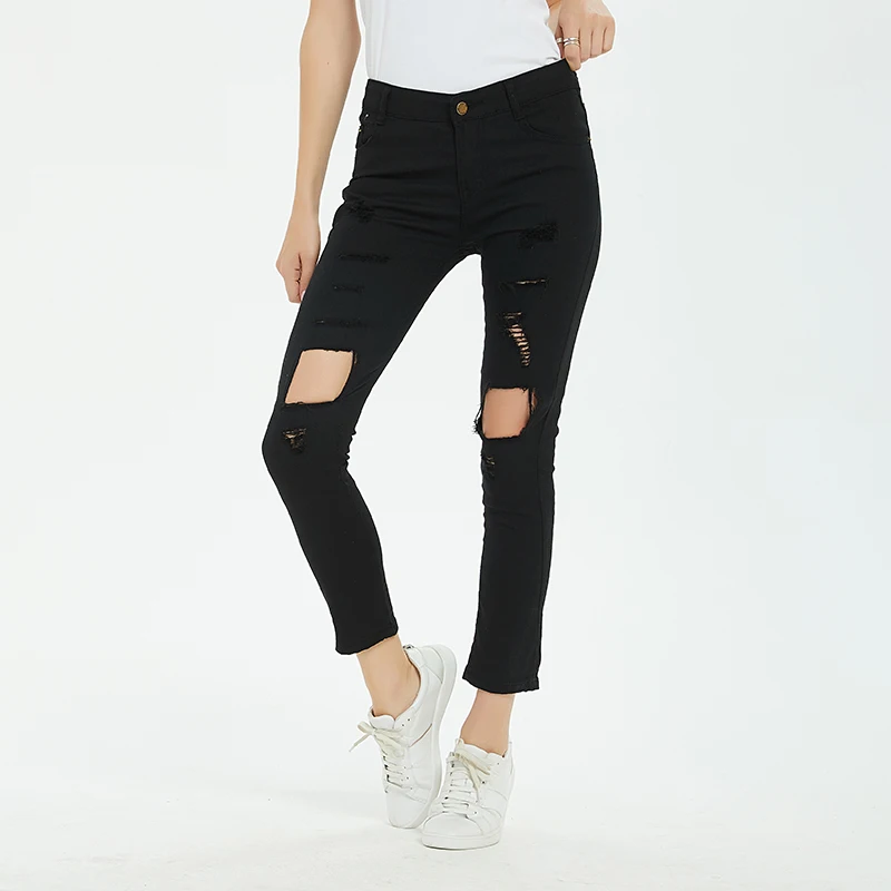 

2019 Plus Size Ripped Jeans for Women Ankle-Length High Waist Skinny Pencil Pants 28 29 30 31 32 Size Denim Pants with Hole
