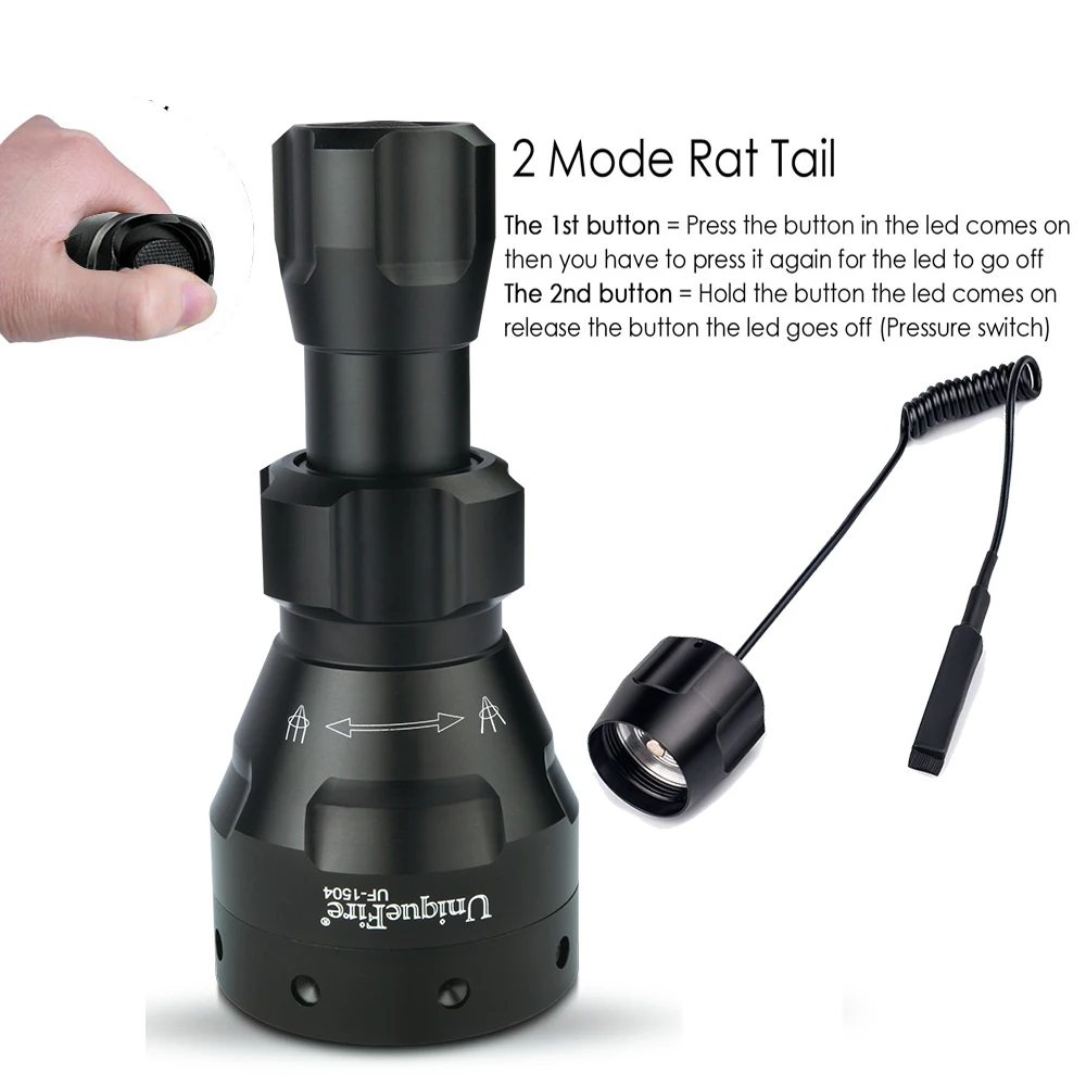 UF Flashlight UniqueFire 1504 Cree XML/XM-L2 High Lumens LED Torch 5 Modes Adjustable Focus Lens Lampe+Rat Tail