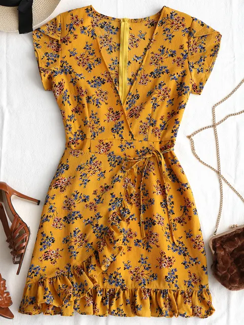 ZAFUL Women Floral Print Mini Dress Ruffles Bowknot Sexy Low Cut Deep V-Neck A-Line Zipper Dresses Summer Party Dress Vestidos
