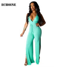 Ribbed Knitted V-neck Jumpsuit Slim Bodycon Sexy Backless Women Rompers Jumpsuit with Belt Split Wide Leg Playsuit Ribbed Knitted V-neck Jumpsuit Slim Bodycon Sexy Backless Women Rompers Jumpsuit with Belt Split Wide Leg Playsuit
