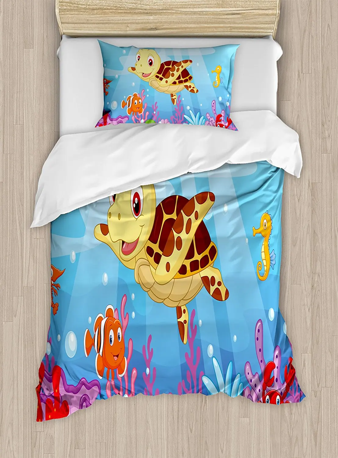 

Turtle Duvet Cover Set Funny Adorable Cartoon Style Underwater Sea Animals Baby Turtle and Fish Collection 4pcs Bedding Set