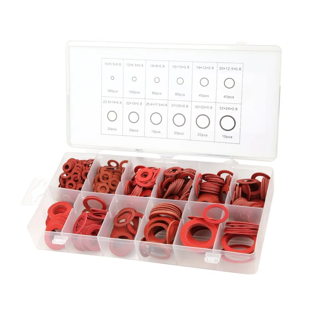 

12 Sizes 600pcs Red Steel Paper Fiber Flat Washers Kit Insulation Washer Assorted Set With Box