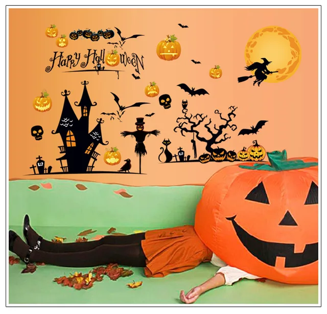 Pumpkin Decoration Wall Stickers Festival Castle Pumpkin Decoration Wall Stickers Festival Castle Witch Bat Living Room Window Waterproof Wallpaper Homedecor