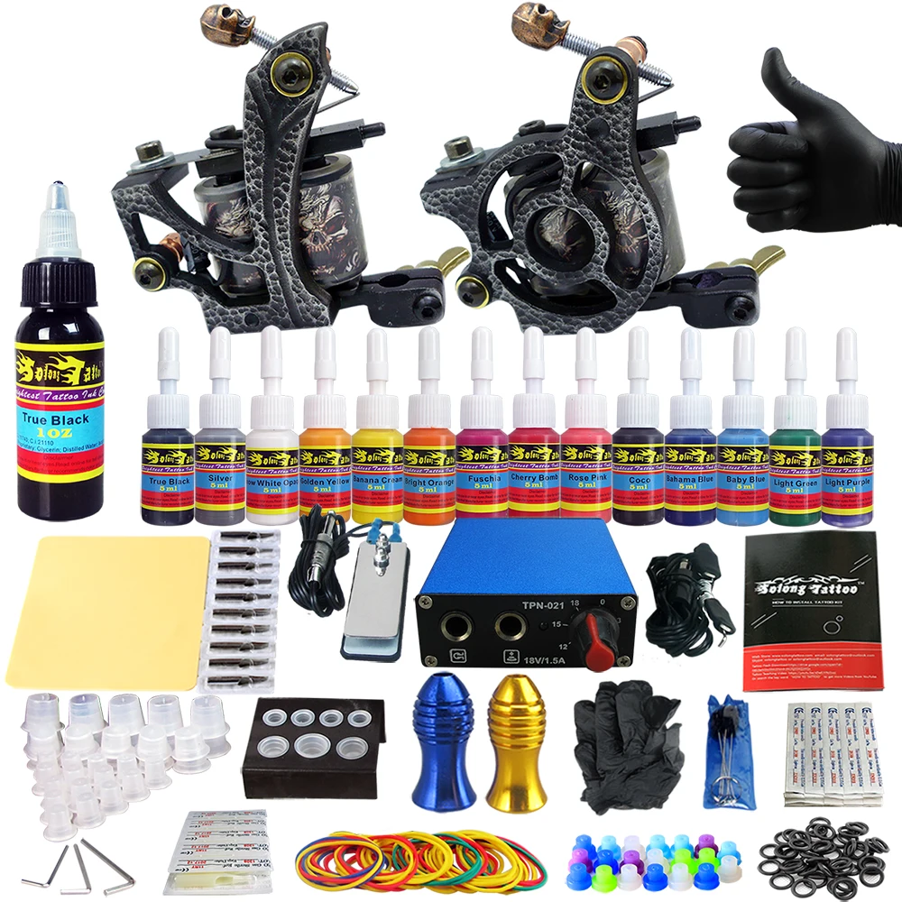 

Solong tattoo Complete Tattoo Kits 2 Machine Gun Beginner Tattoo Set 14 Inks Needle Grips foot petal power supply TK203-24