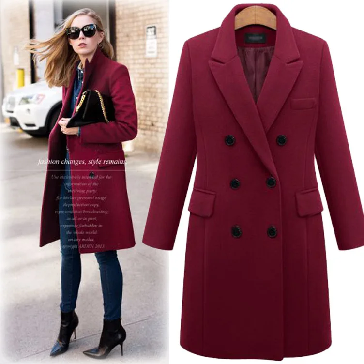 Тонкий шерстяное пальто куртка сплошной цвет V воротник bouble breated средней длины глубокий розовый, черный, серый Светло шерсть верхняя одежда