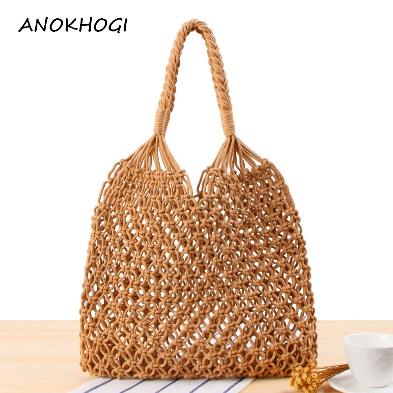 

Vintage Straw Woven Women Shoulder Bags Mesh Rope Weaving Female Buckle Handmade Hollow Straw Net Bag Hollow Out Handbags B220