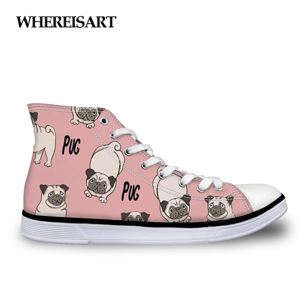 

WHEREISART Pink Women's Canvas Shoes High Top French Bulldog Pug Vulcanize Shoes Girls Summer Lace-up Classic Sneakers 2019 New