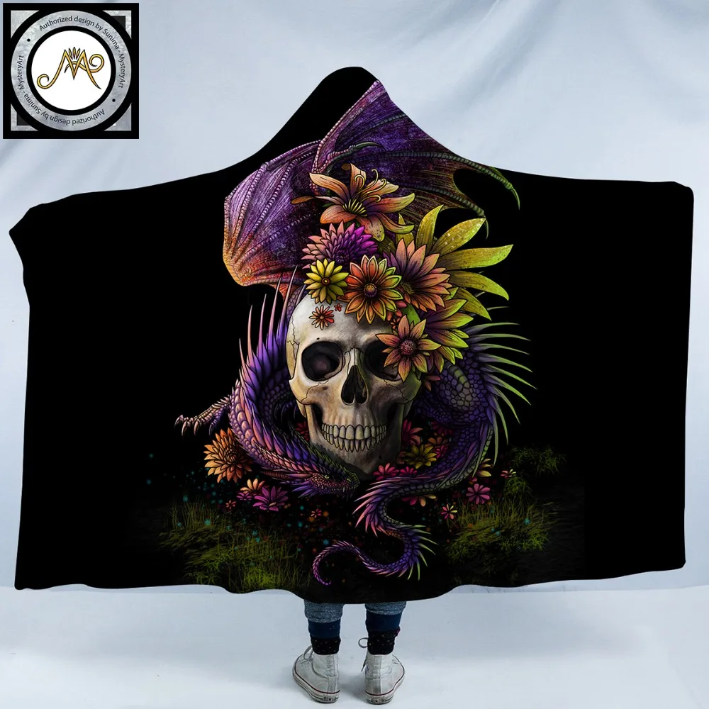Comprar Calavera floreada por SunimaArt Manta con capucha flor dragón 3d impreso adultos niños Sherpa polar Wearable manta de microfibra