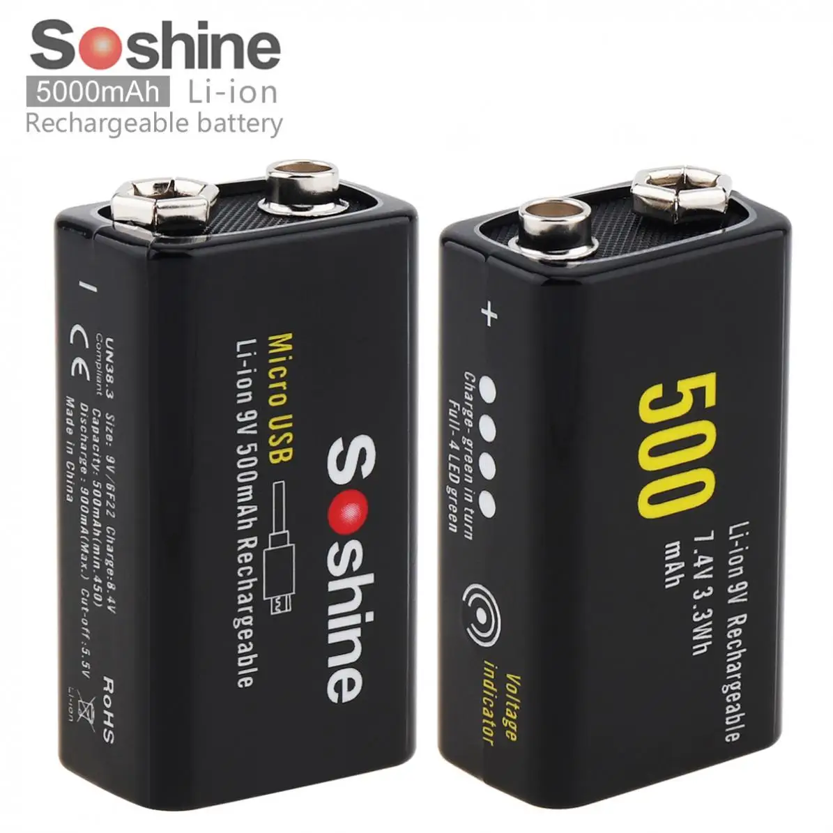 

2pcs/set Soshine 9V 6F22 500mAh Li-ion 7.4V 3.3Wh Rechargeable Battery Micro USB Protected for Multimeter Wireless Microphone