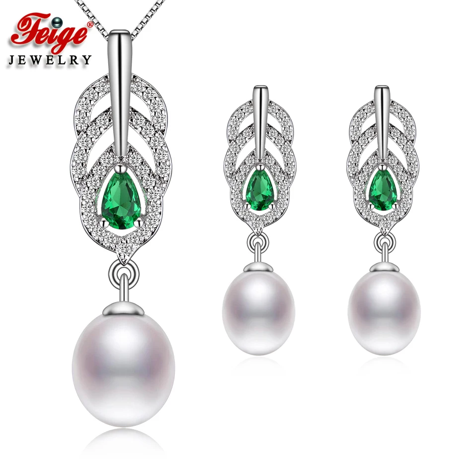 

Peacock Feather Natural Pearl Jewelry Sets for Women Anniversary Jewelry Gifts 8-9MM Freshwater Pearl Cubic Zirconia Set FEIGE