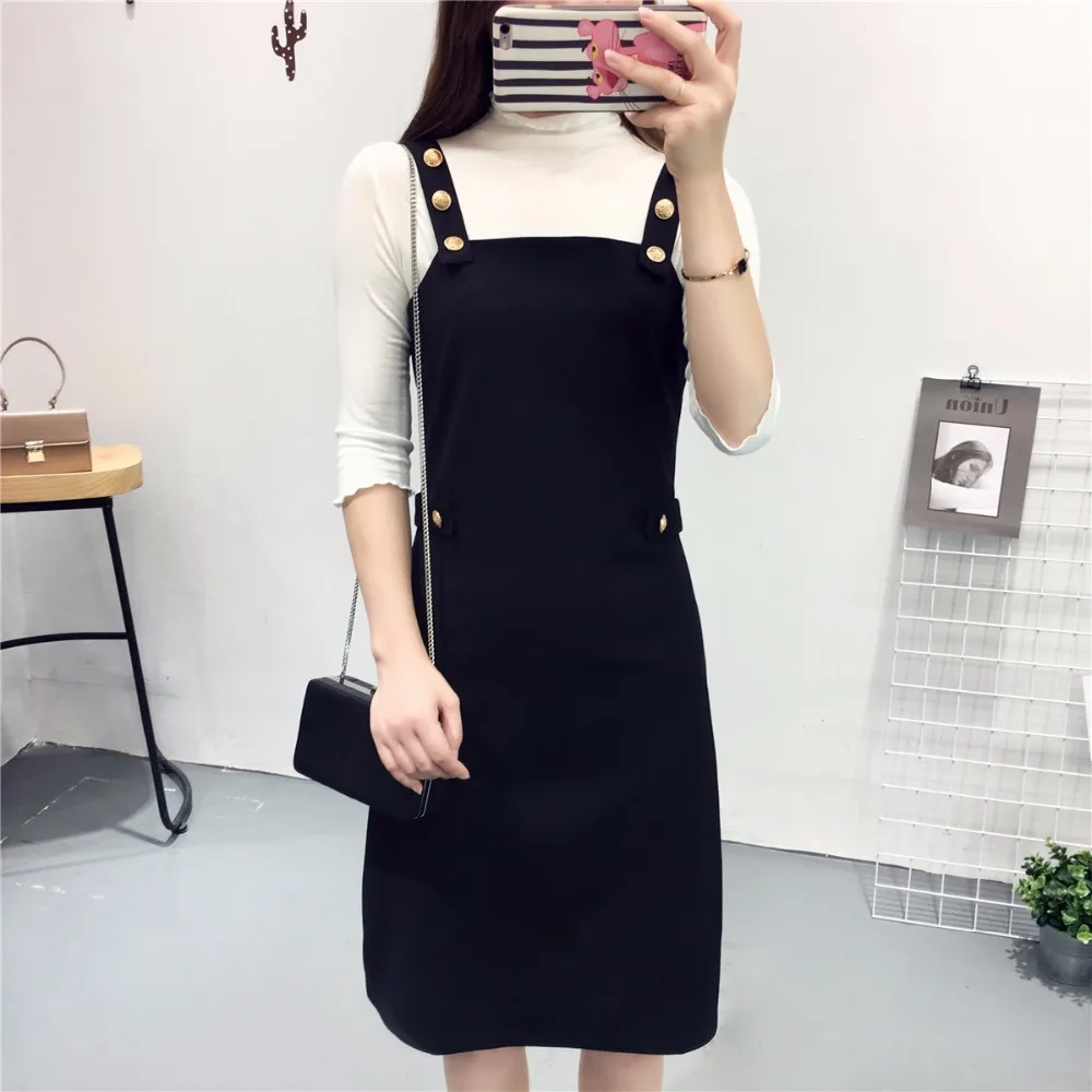 2017 Korea Sweet Preppy Style Dress Women Black Spaghetti Strap Dresses