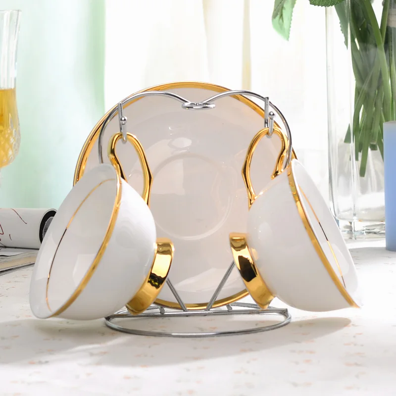 

Luxury Gold Line Coffee Cup Set Bone China Tea Cup and Saucer Spoon Set Porcelain Cup For Lover Couple Gift 200ml