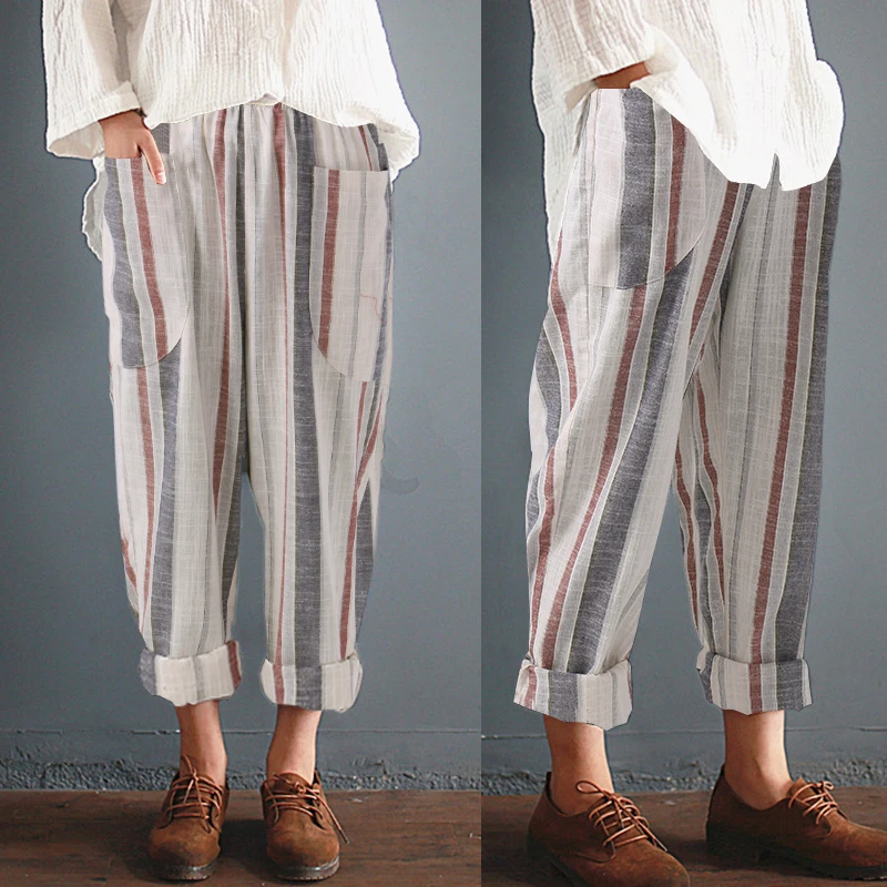 2019 Hot Sale Women Vintage Elastic Waist Loose Long Trousers Leisure Retro Baggy Pantalon Cotton Linen Striped Harem Pants 2019 Hot Sale Women Vintage Elastic Waist Loose Long Trousers Leisure Retro Baggy Pantalon Cotton Linen Striped Harem Pants