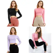 Женская Повседневная Однотонная футболка с круглым вырезом и длинным рукавом для спортзала, весна, осень, зима, для йоги, тонкая