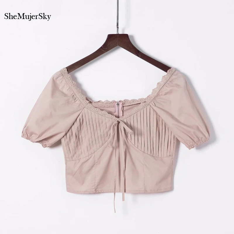 

SheMujerSky White Crop Top Women Blouses Pink Back Zipper V-neck Bandage Shirt Womens Tops camisetas mujer