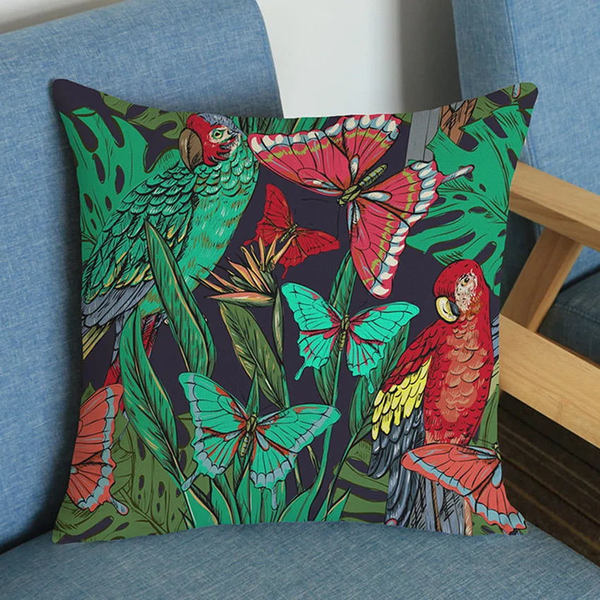 Tropical Plant Leaves Flowers Flamingo Bird Parrot Home Decoration Couch Cushion Office Chair Back Pillow for Sofa Linen Cotton 3