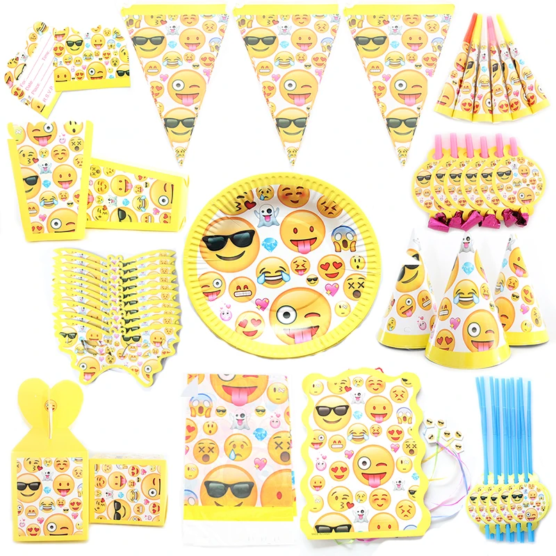 

Funny Emoji Theme Cartoon Party Set Balloon Tableware Plate Napkins Banner baby shower kids Birthday Party Decoration candy box