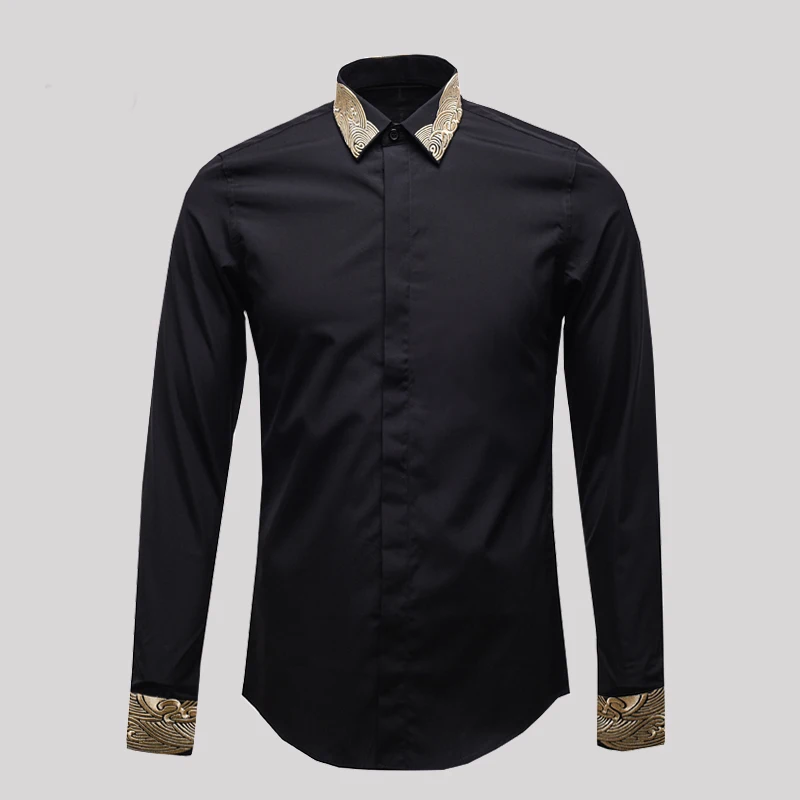 

Free Shipping New casual personality male men's man long sleeved High-end neckline sleeve collar embroidered business Slim shirt
