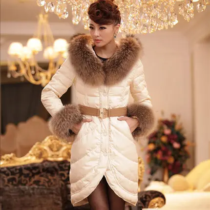 Best price at $201 Cheap 2015 New Hot Thicken Warm Winter Woman Down jacket Coat Parkas Outerwear Luxury Raccoon Fur collar Hooded Long Slim Plus Size