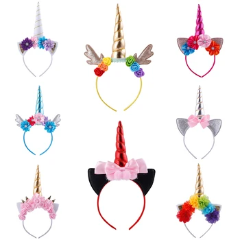 

New Unicorn Flower Hairbands Lovely Girls Birthday Crown Head Hoop Glitter Horn antlers Headwear Fashion Kids Hair Accessories