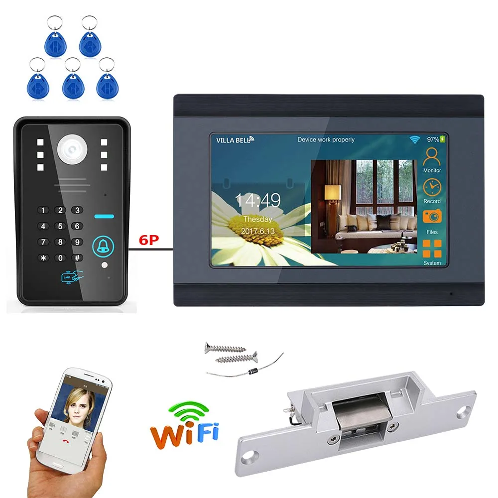 7 дюймов проводной беспроводной Wifi RFID пароль видео дверной звонок Домофон Система видео дверной звонок с электрическим ударным замком