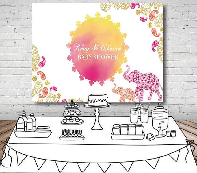 Baby Shower Marocchino Personalizzato Rosa E Arancione Acquerello Elefante Sfondo Fondali Per Feste Con Stampa Computerizzata Di Alta Qualità