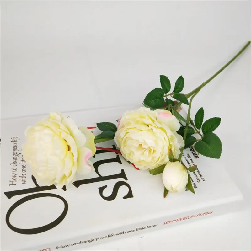 Flone 3 Heads European Style Elegant Artificial Peony Flowers Simulation Silk Flowers Branch Wedding Home Party Decoration  (3)