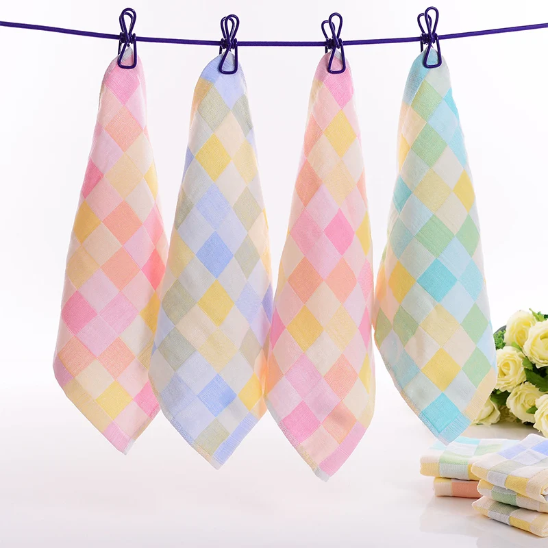 

2 Layers Cotton Absorbent Drying No Fade Bath Towel Gauze Small Square Baby Children Soft Bibs Plaid Pattern Saliva Towel