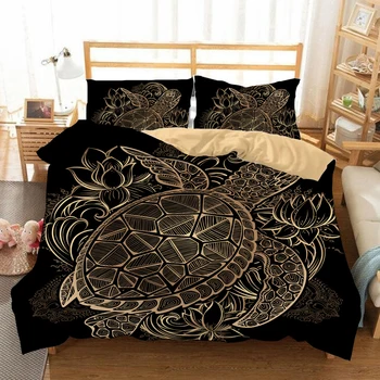 

Turtles Bedding Set Duvet cover Animal Golden Tortoise Bed Cover King Flowers Lotus Home Textiles 3pcs Luxury quilt cover sets