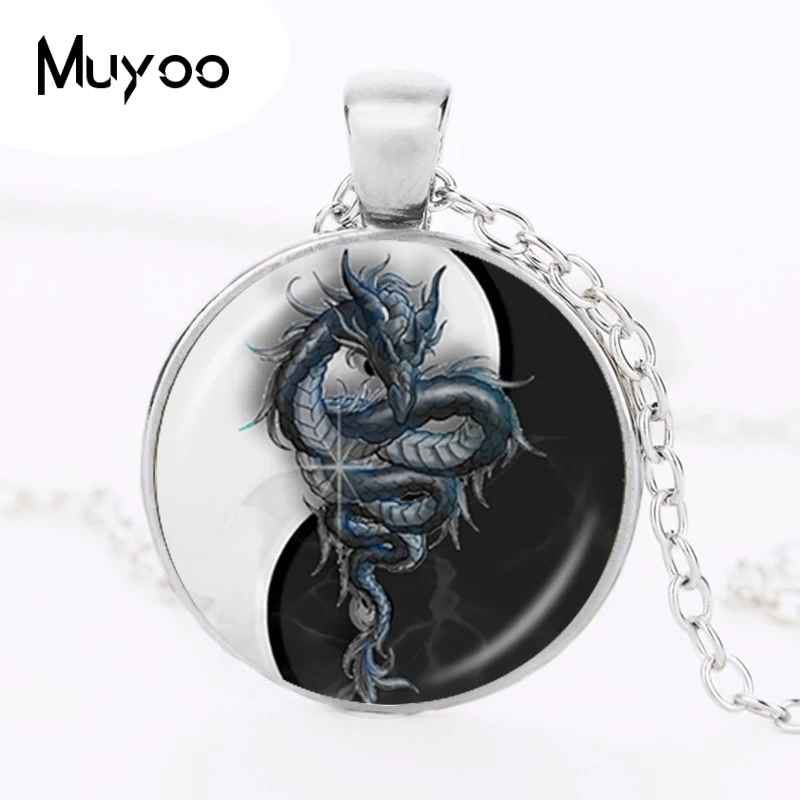 

Yin Yang Dragon Pendant Chinese Eight Diagrams Necklace Astrology Zodiac Jewelery Tai Pendant for Him Glass Cabochon Choker HZ1