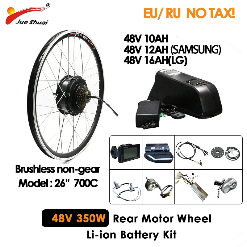 

350W Ebike Conversion Kit with 48V 10Ah 12Ah Samsung 16Ah LG Electric Bicycle Battery 20" 26" 700C Rear Motor Wheel for Scooter