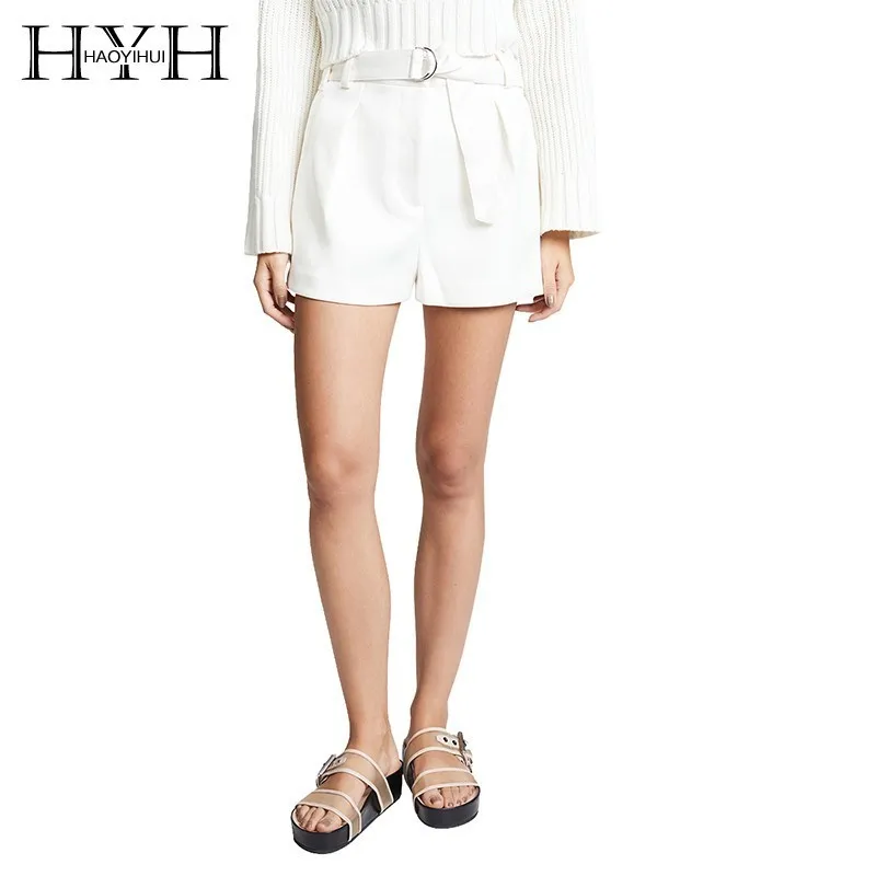 

HYH Haoyihui Femme Summer Stylish Elegant Office Lady Simple Pleated Sashes Pockets Mid Drawstring Casual Sheer White Shorts