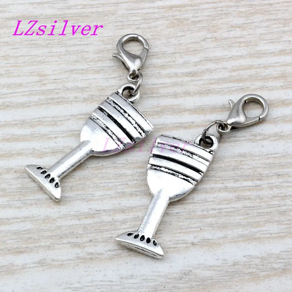 50pcs Tibetan Silver Zinc Alloy Goblet Wine Glass Cup Charms With Lobster Clasp Fit Charm Bracelets DIY Jewelry 12x42mm A-112b