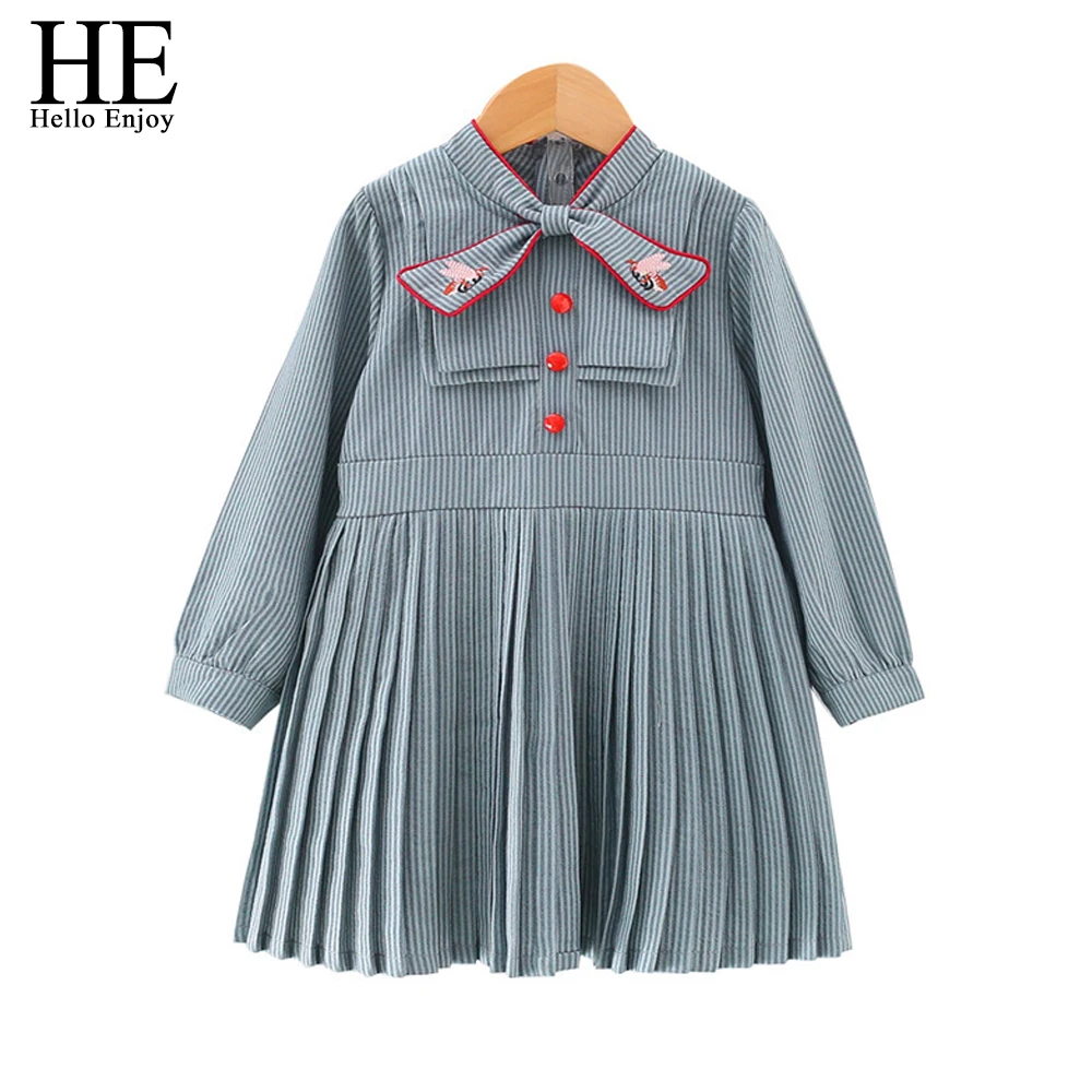 HE Hello Enjoy/платья для девочек в духе колледжа; плиссированное платье с длинными рукавами и вышивкой и бантом; детская одежда для девочек; вечерние платья принцессы