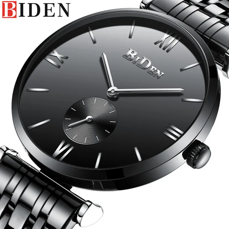 

BIDEN Full Black Business Quartz Wristwatches Men Fashion Casual Stainless Steel Watch Male Simple Watches