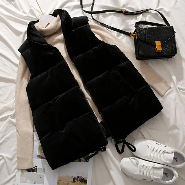 PinkyIsBlack Winter Vest Women Waistcoat 2021 Female Sleeveless Jacket Stand Collar Warm Velvet Vest Outwear Colete Feminino black