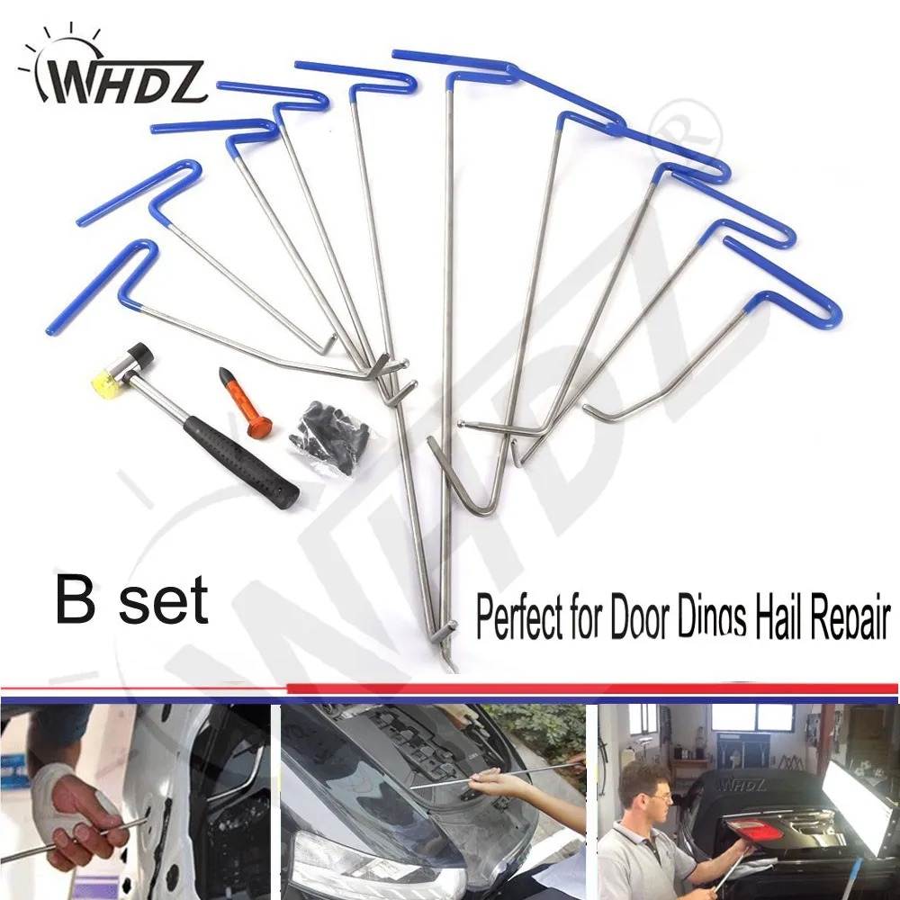 

WHDZ (B)10 Pieces Auto Body Dent Removal Pdr Rod Tool Kit- Hail and Door Ding Repair Starter Set & Dent Hammer Aluminum Tap Down