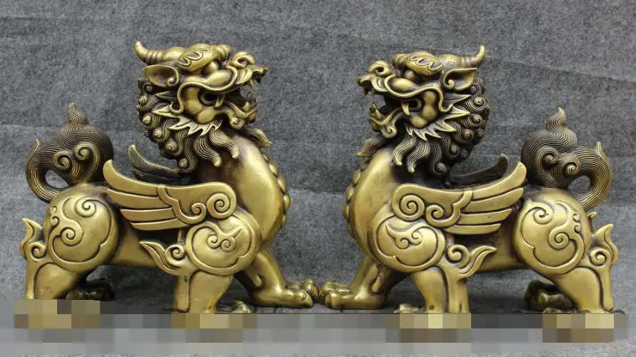 

S00801 10" Chinese Pure Bronze Wealth Unicorn Lion Set Dragon Kylin PiXiu Statue Pair B0403