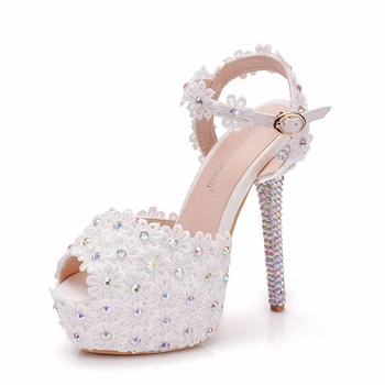 

2019 New Wedding Sandals White Lace Flowers Pearl Rhinestone Sweety Princess Style Thin Heels High Heels Big Size XY-A0255