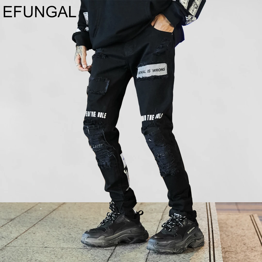 

EFUNGAL Creative Letter Print Slim Jean Casual Jean Men 2019 New Arrival Hip Hop Denim Pants Black Jeans Fashion Streetwear KS02