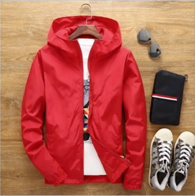 S-7XL куртки; сезон весна-осень; модная однотонная ветровка с капюшоном на молнии с карманами; повседневные пальто с длинными рукавами; Верхняя одежда; большие размеры - Цвет: Красный