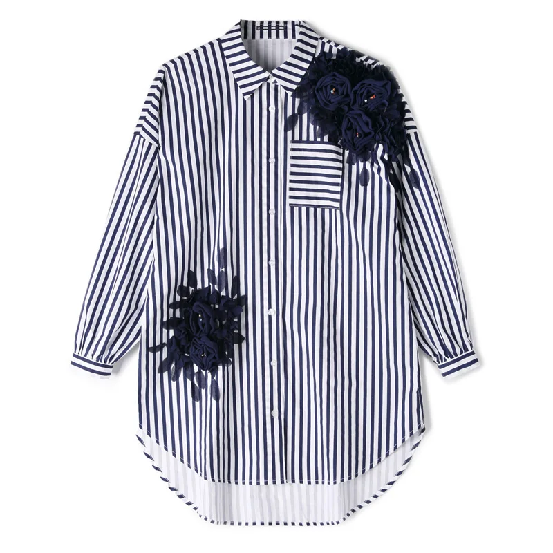 2018 Fashion Striped Loose Women Shirt 3D Florals Appliques Diamonds Turn-down Collar Single-breasted Female Shirts 2018 Fashion Striped Loose Women Shirt 3D Florals Appliques Diamonds Turn-down Collar Single-breasted Female Shirts