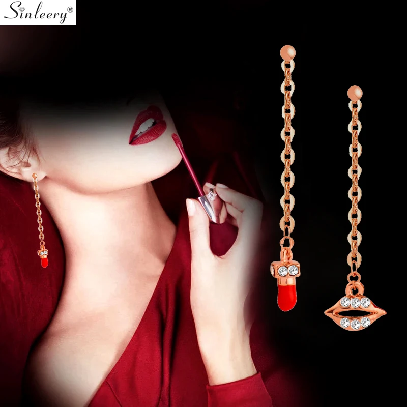 

SINLEERY Asymmetric Sexy Lip Lipstick Cubic Zirconia Long Drop Earring Party Jewelry For Women Girl Gifts ES254 SSK