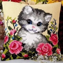 

Cats With Red Flowers Cross-stitch Cushion Kit Diy Chunky Pillowcase 100% Acrylic Yarn Embroidery Kits Color Tapestry pillow