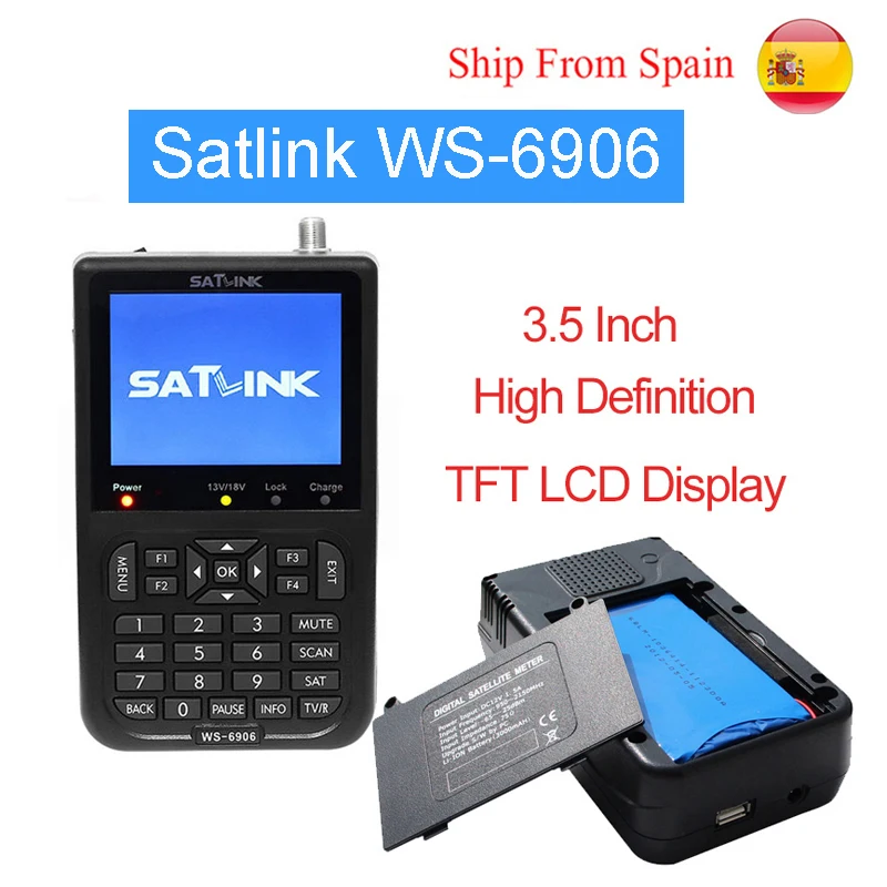 

Satlink WS-6906 Digital Satellite Meter Sat finder DVB-S FTA C&KU Band MPEG-2 Satellite Signal Finder EPG AV 3.5inch LCD Display