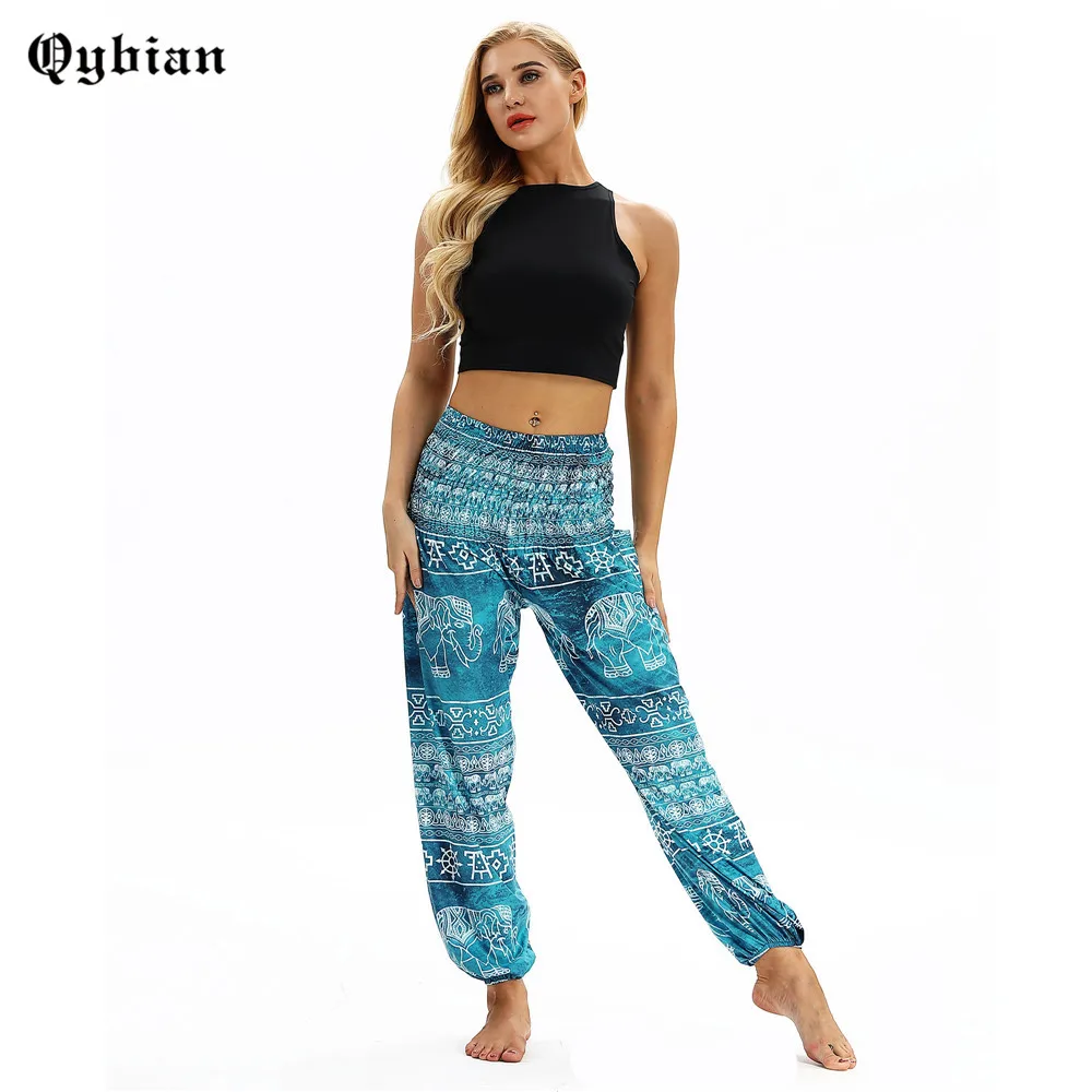 Qybian Для женщин шаровары Высокая Талия Брюки Бохо Pantalon свободные богемные талия